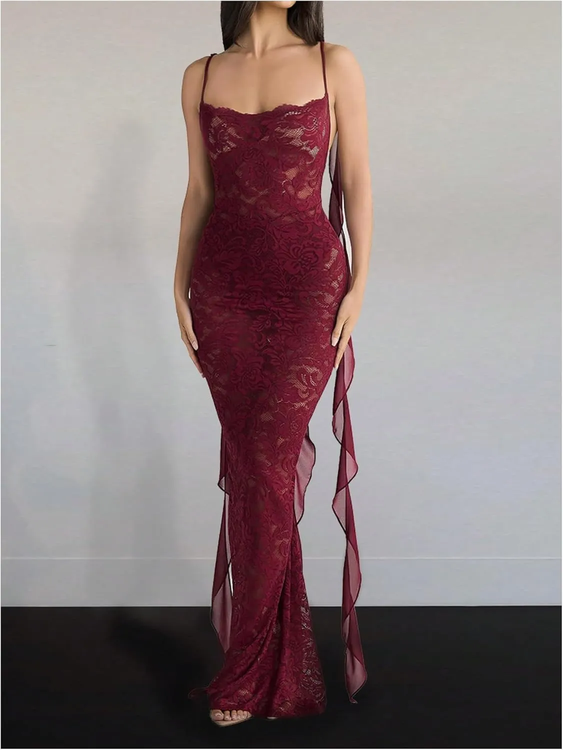 GORGLITTER Women's Lace Flower Bodycon Maxi Dress Open Back Mesh Fringe Wedding Guest Cocktail Birthday Dinner Dresses