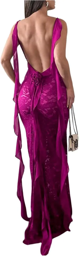 GORGLITTER Women's Lace Flower Bodycon Maxi Dress Open Back Mesh Fringe Wedding Guest Cocktail Birthday Dinner Dresses