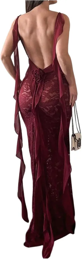 GORGLITTER Women's Lace Flower Bodycon Maxi Dress Open Back Mesh Fringe Wedding Guest Cocktail Birthday Dinner Dresses