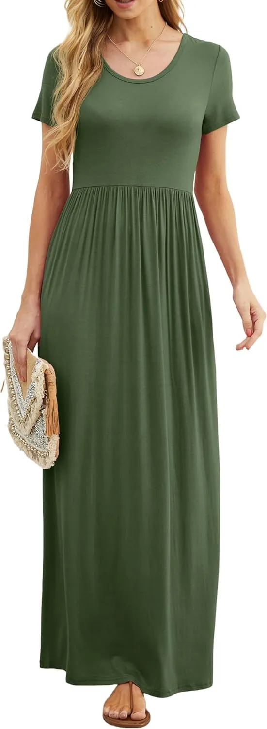 GRECERELLE Women's Short Sleeve Maxi Dresses Casual Long Dresses with Pockets