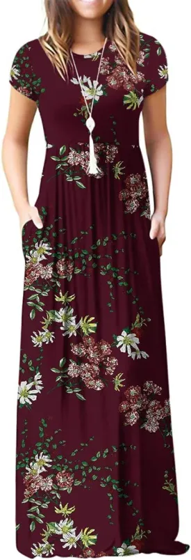 GRECERELLE Women's Short Sleeve Maxi Dresses Casual Long Dresses with Pockets