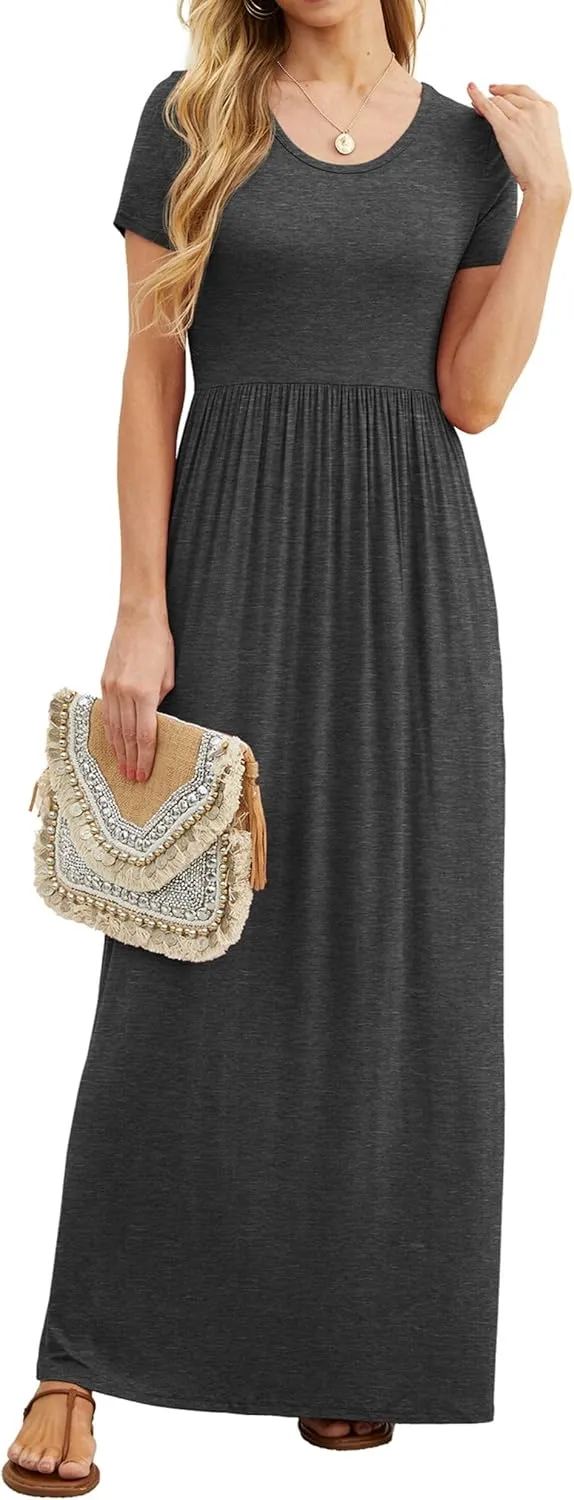 GRECERELLE Women's Short Sleeve Maxi Dresses Casual Long Dresses with Pockets