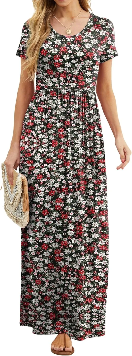GRECERELLE Women's Short Sleeve Maxi Dresses Casual Long Dresses with Pockets