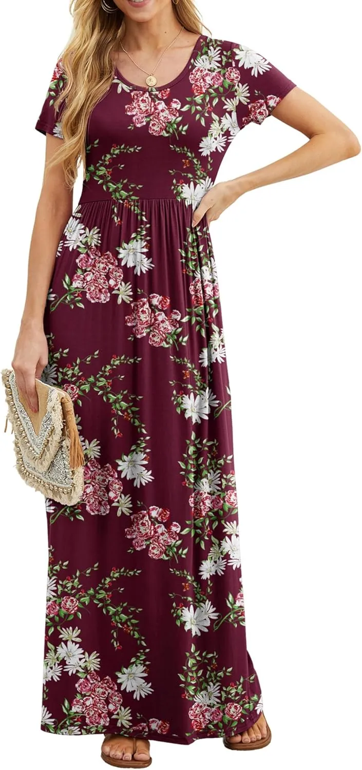 GRECERELLE Women's Short Sleeve Maxi Dresses Casual Long Dresses with Pockets