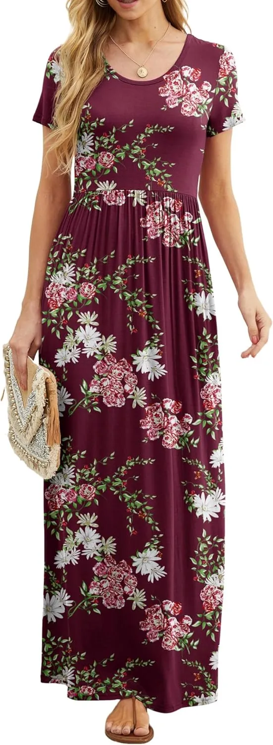 GRECERELLE Women's Short Sleeve Maxi Dresses Casual Long Dresses with Pockets