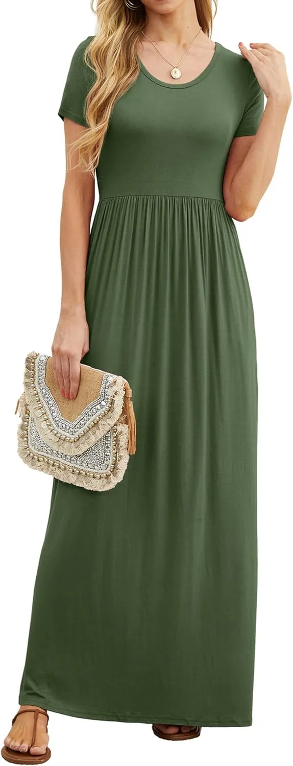 GRECERELLE Women's Short Sleeve Maxi Dresses Casual Long Dresses with Pockets
