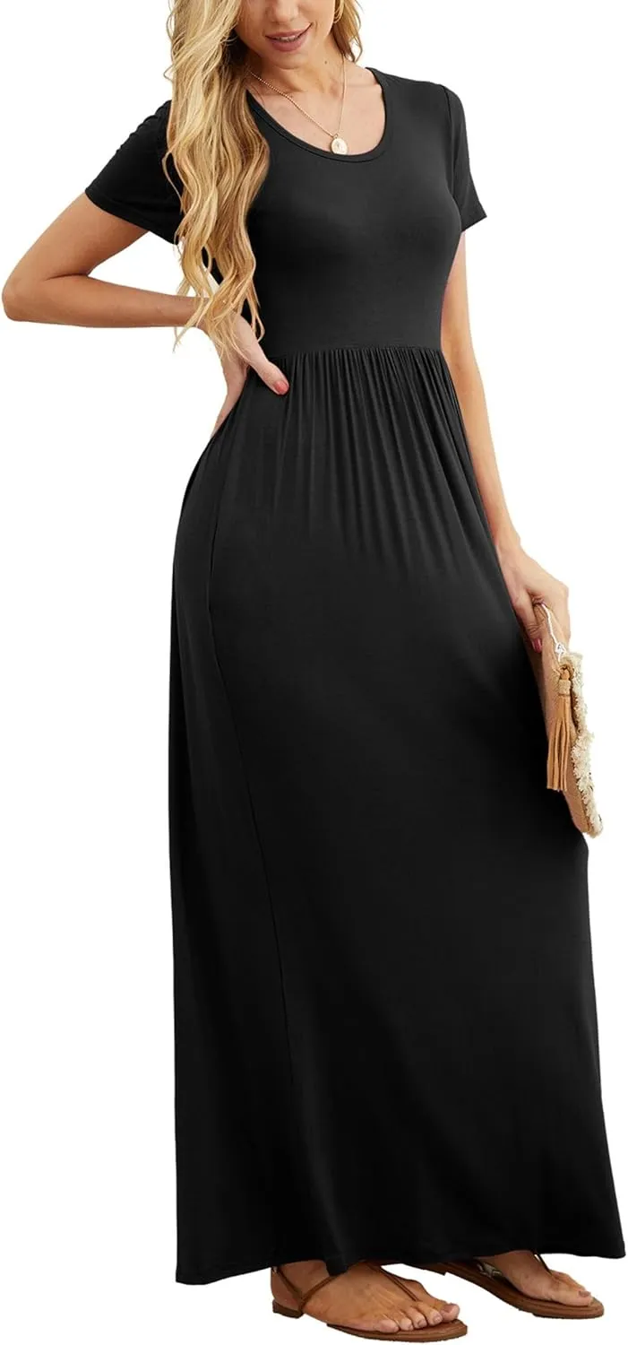 GRECERELLE Women's Short Sleeve Maxi Dresses Casual Long Dresses with Pockets