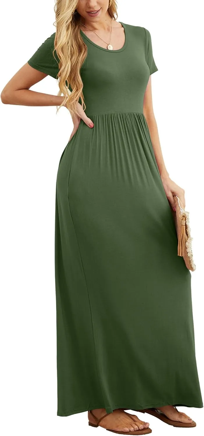 GRECERELLE Women's Short Sleeve Maxi Dresses Casual Long Dresses with Pockets
