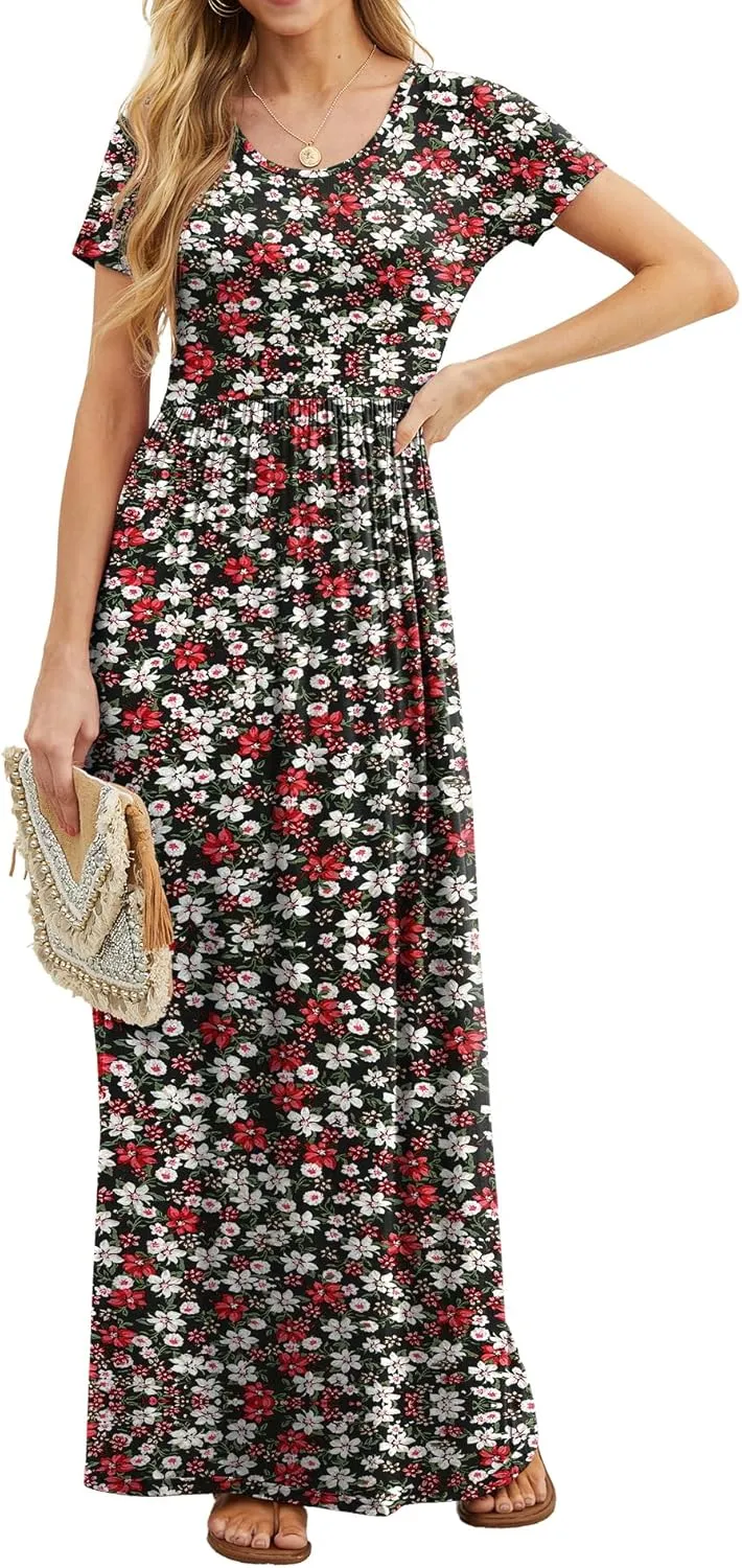 GRECERELLE Women's Short Sleeve Maxi Dresses Casual Long Dresses with Pockets