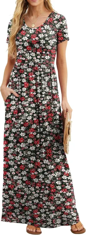 GRECERELLE Women's Short Sleeve Maxi Dresses Casual Long Dresses with Pockets