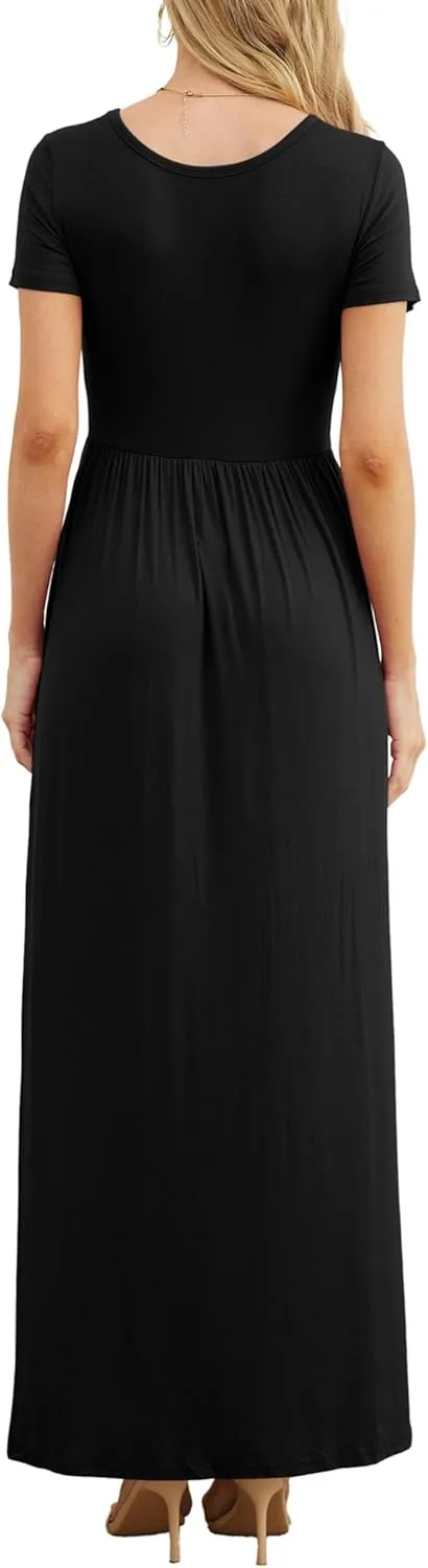 GRECERELLE Women's Short Sleeve Maxi Dresses Casual Long Dresses with Pockets