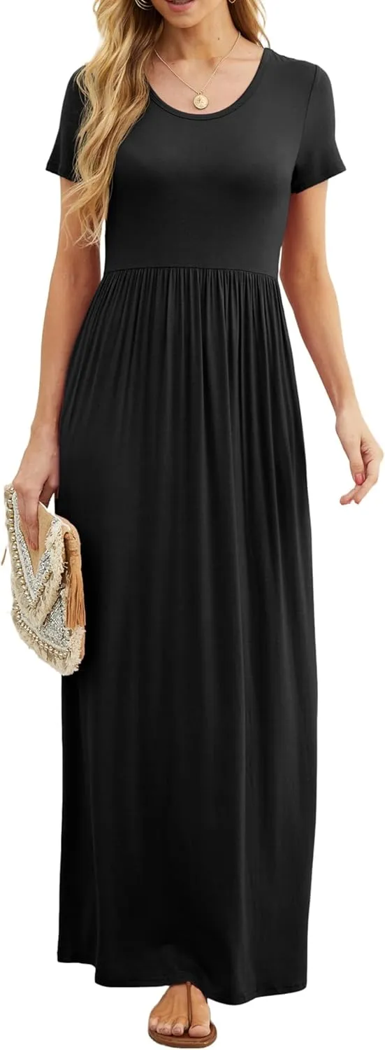 GRECERELLE Women's Short Sleeve Maxi Dresses Casual Long Dresses with Pockets