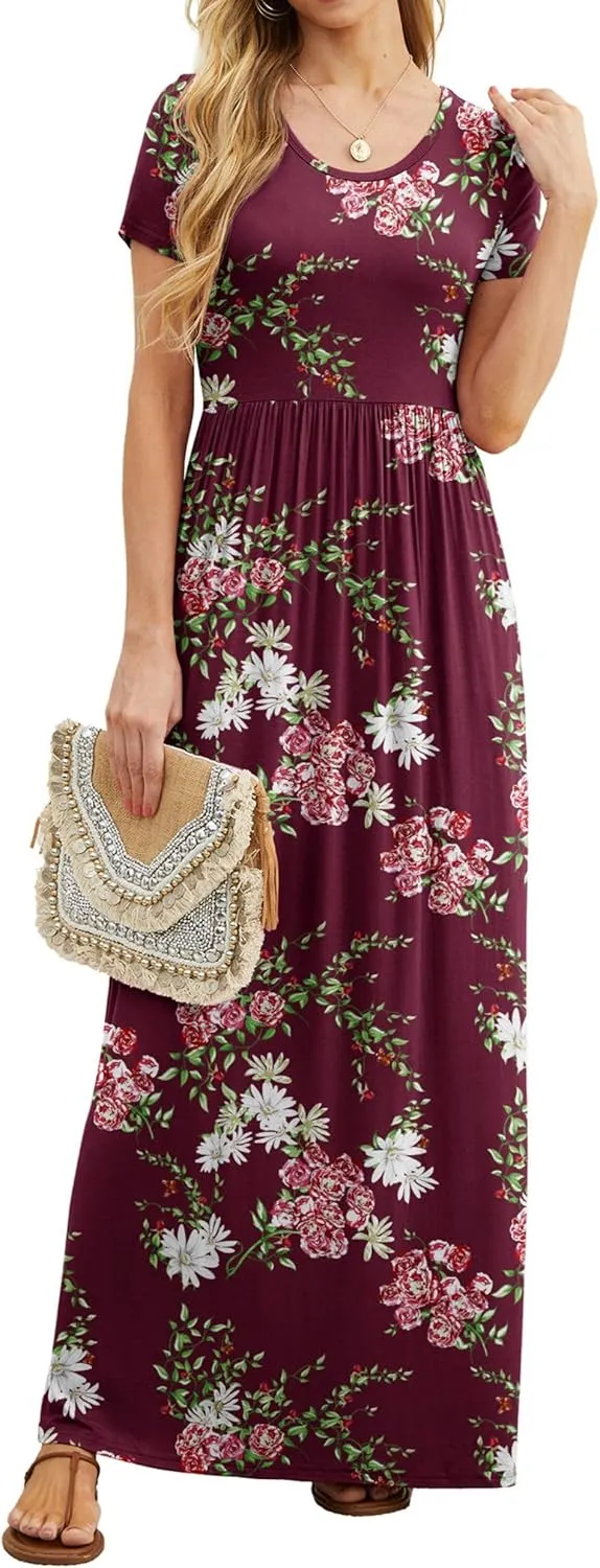 GRECERELLE Women's Short Sleeve Maxi Dresses Casual Long Dresses with Pockets