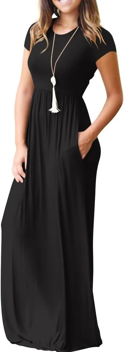 GRECERELLE Women's Short Sleeve Maxi Dresses Casual Long Dresses with Pockets