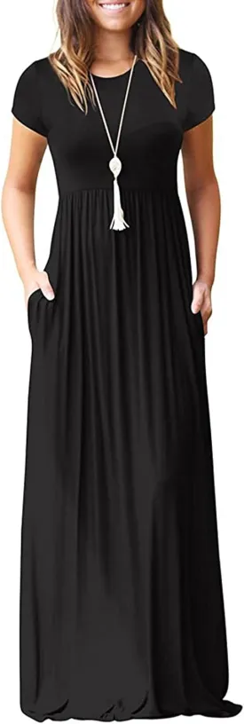 GRECERELLE Women's Short Sleeve Maxi Dresses Casual Long Dresses with Pockets
