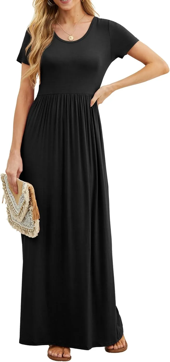 GRECERELLE Women's Short Sleeve Maxi Dresses Casual Long Dresses with Pockets