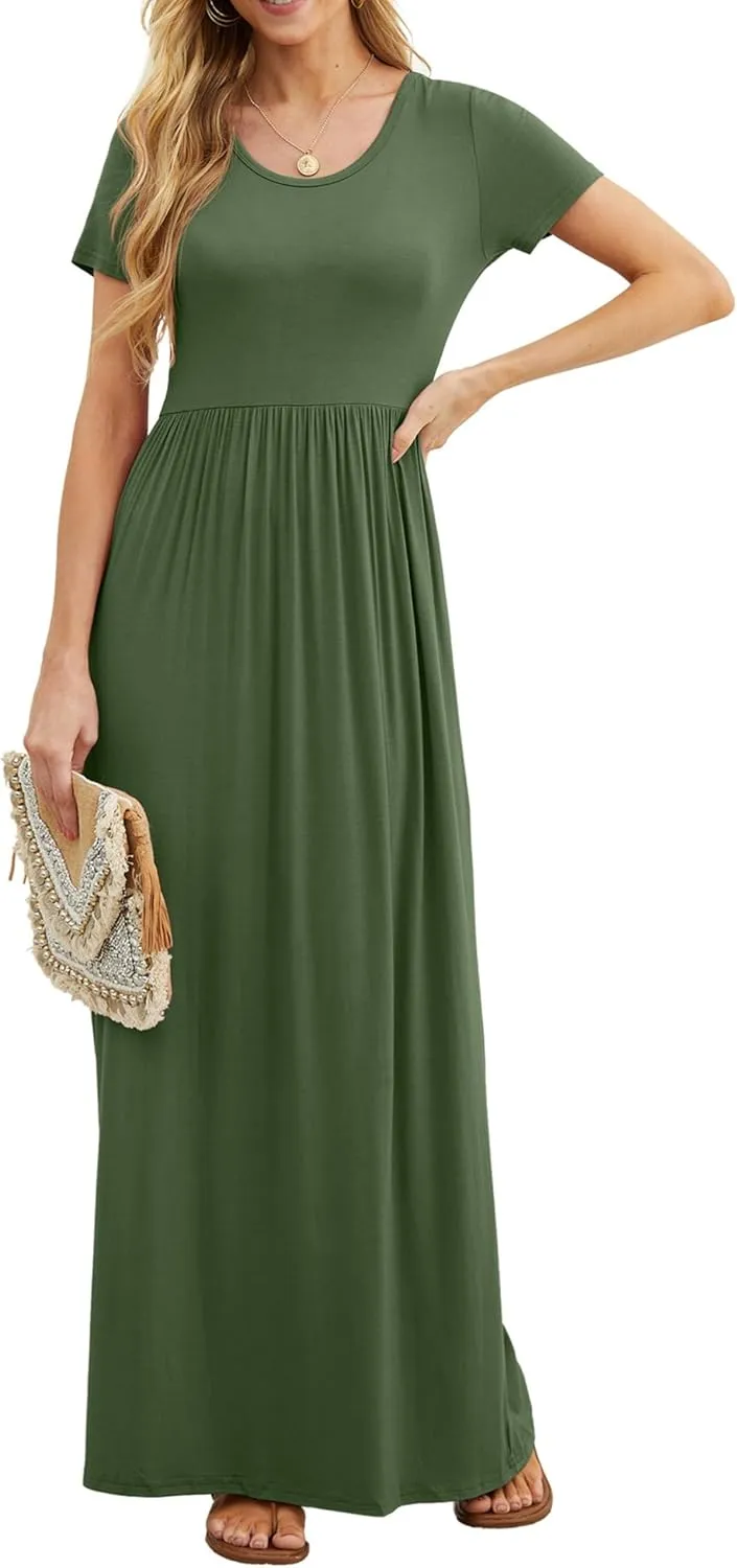 GRECERELLE Women's Short Sleeve Maxi Dresses Casual Long Dresses with Pockets