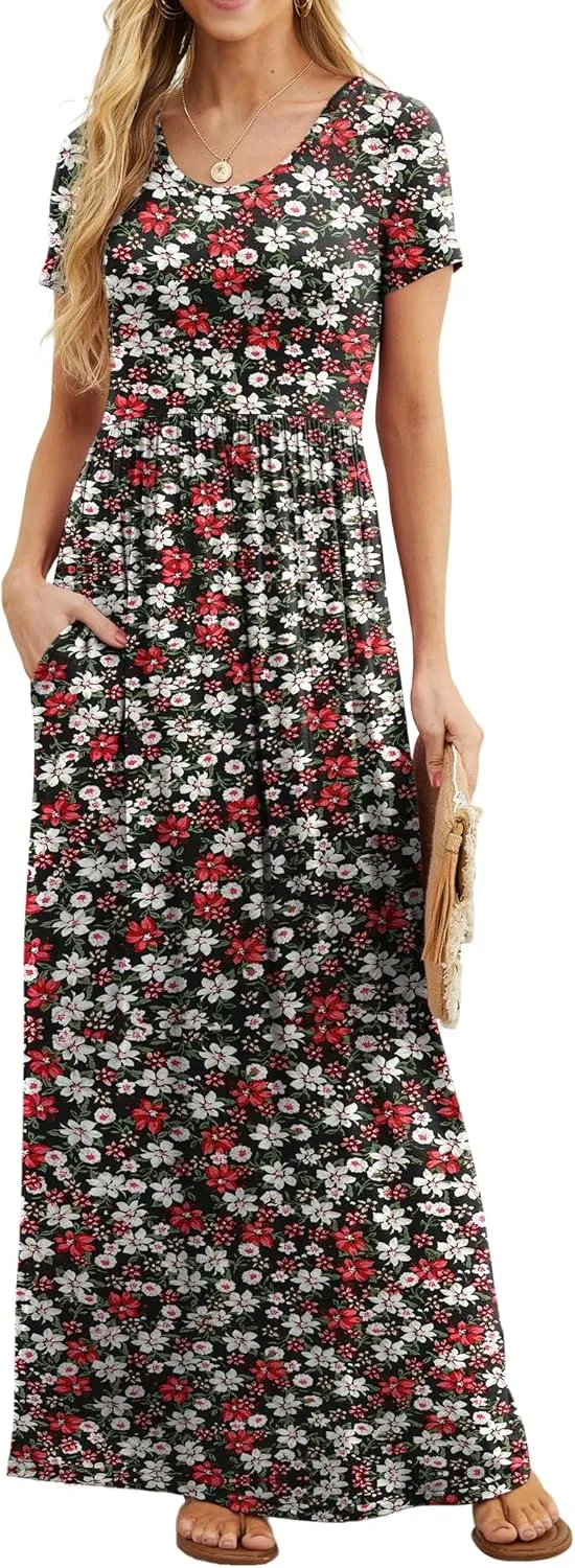 GRECERELLE Women's Short Sleeve Maxi Dresses Casual Long Dresses with Pockets