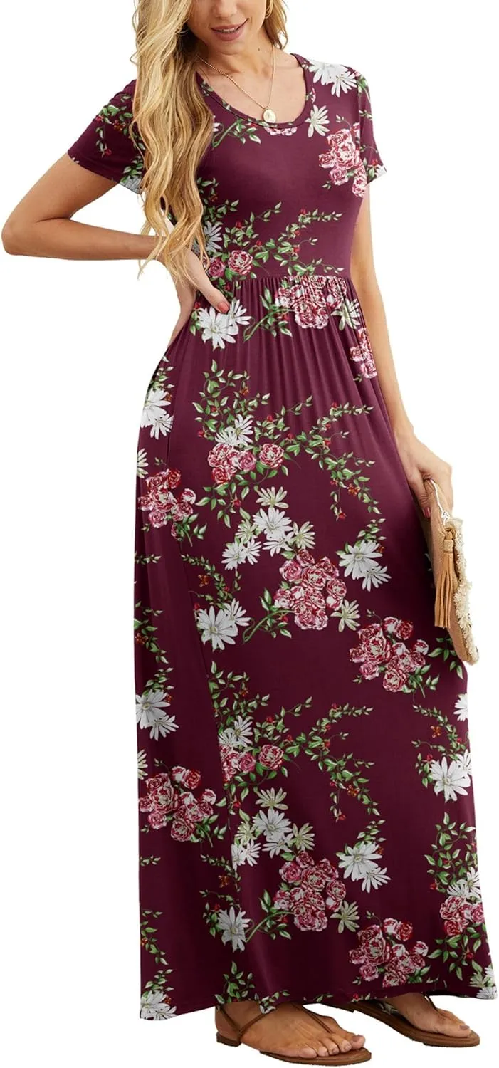 GRECERELLE Women's Short Sleeve Maxi Dresses Casual Long Dresses with Pockets