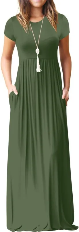 GRECERELLE Women's Short Sleeve Maxi Dresses Casual Long Dresses with Pockets