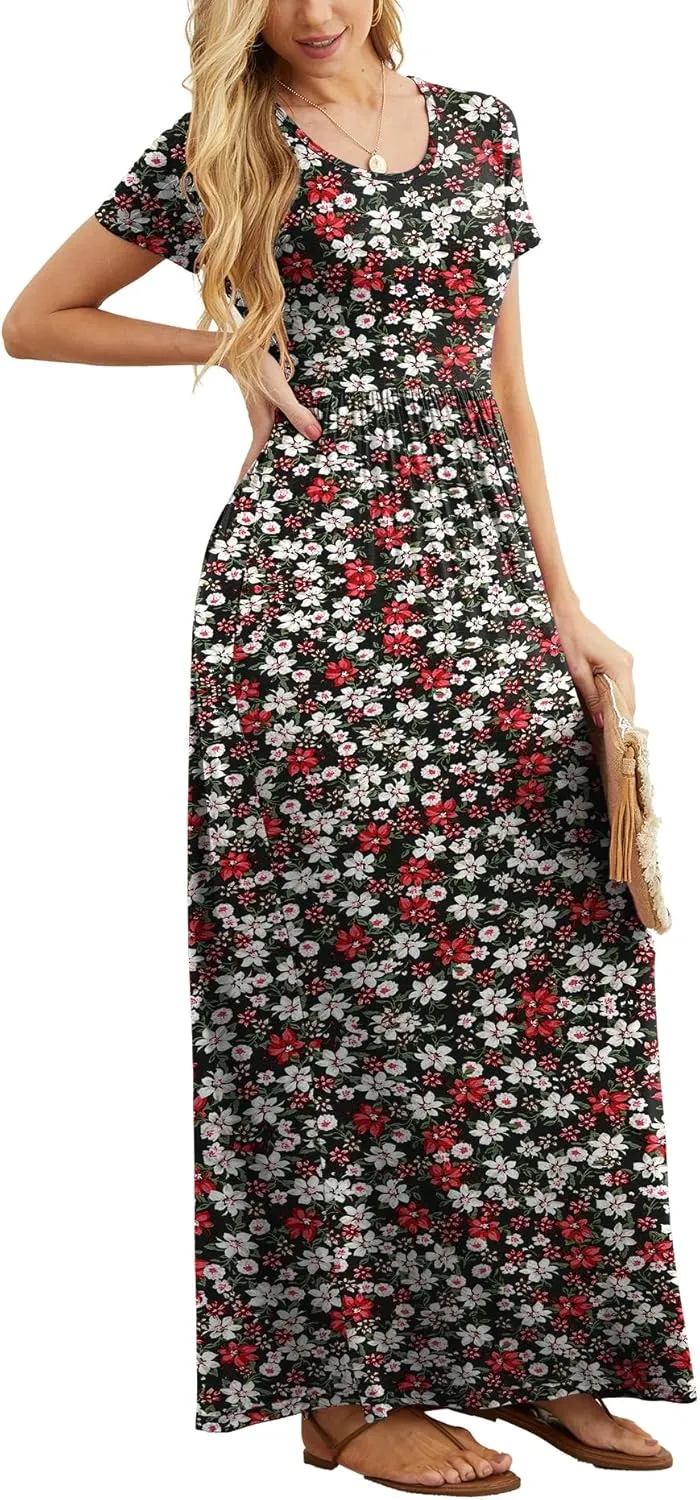 GRECERELLE Women's Short Sleeve Maxi Dresses Casual Long Dresses with Pockets