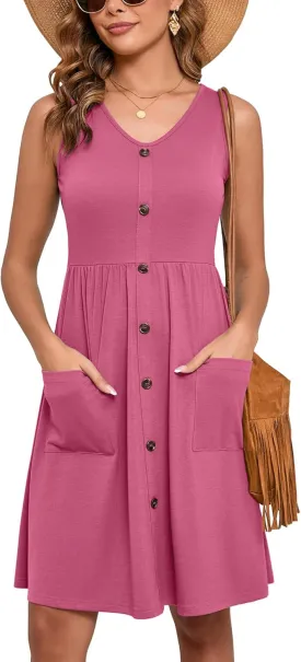 Heymoments Women's Summer Dresses Sleeveless Casual Fashion Loose Swing Button Down Midi Dress with Pockets