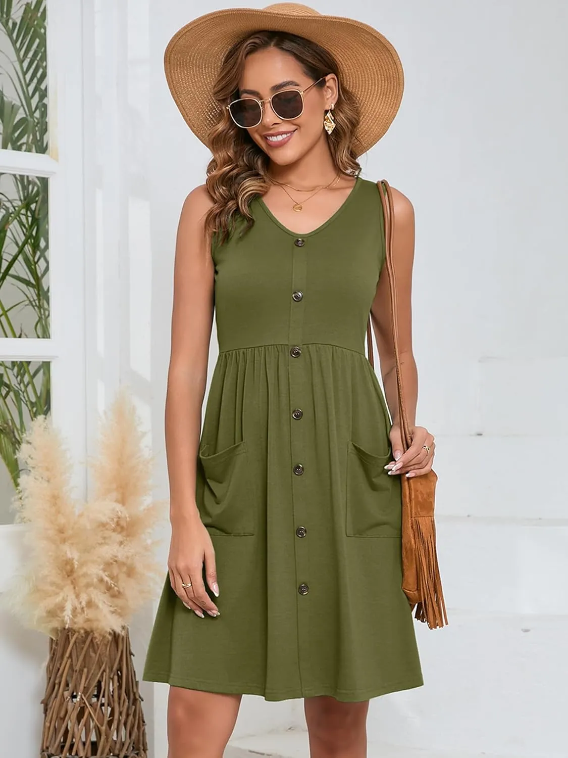 Heymoments Women's Summer Dresses Sleeveless Casual Fashion Loose Swing Button Down Midi Dress with Pockets