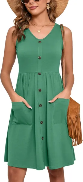 Heymoments Women's Summer Dresses Sleeveless Casual Fashion Loose Swing Button Down Midi Dress with Pockets