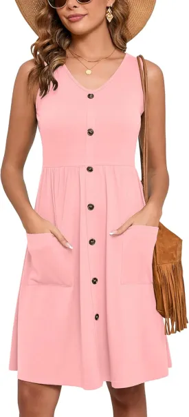 Heymoments Women's Summer Dresses Sleeveless Casual Fashion Loose Swing Button Down Midi Dress with Pockets