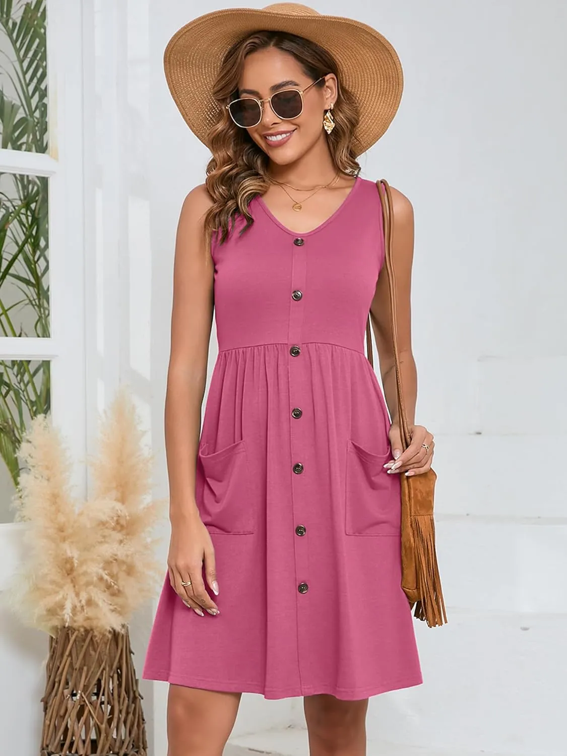 Heymoments Women's Summer Dresses Sleeveless Casual Fashion Loose Swing Button Down Midi Dress with Pockets