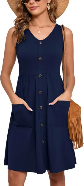 Heymoments Women's Summer Dresses Sleeveless Casual Fashion Loose Swing Button Down Midi Dress with Pockets