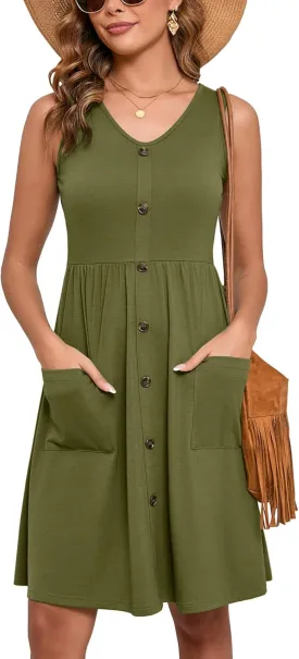 Heymoments Women's Summer Dresses Sleeveless Casual Fashion Loose Swing Button Down Midi Dress with Pockets