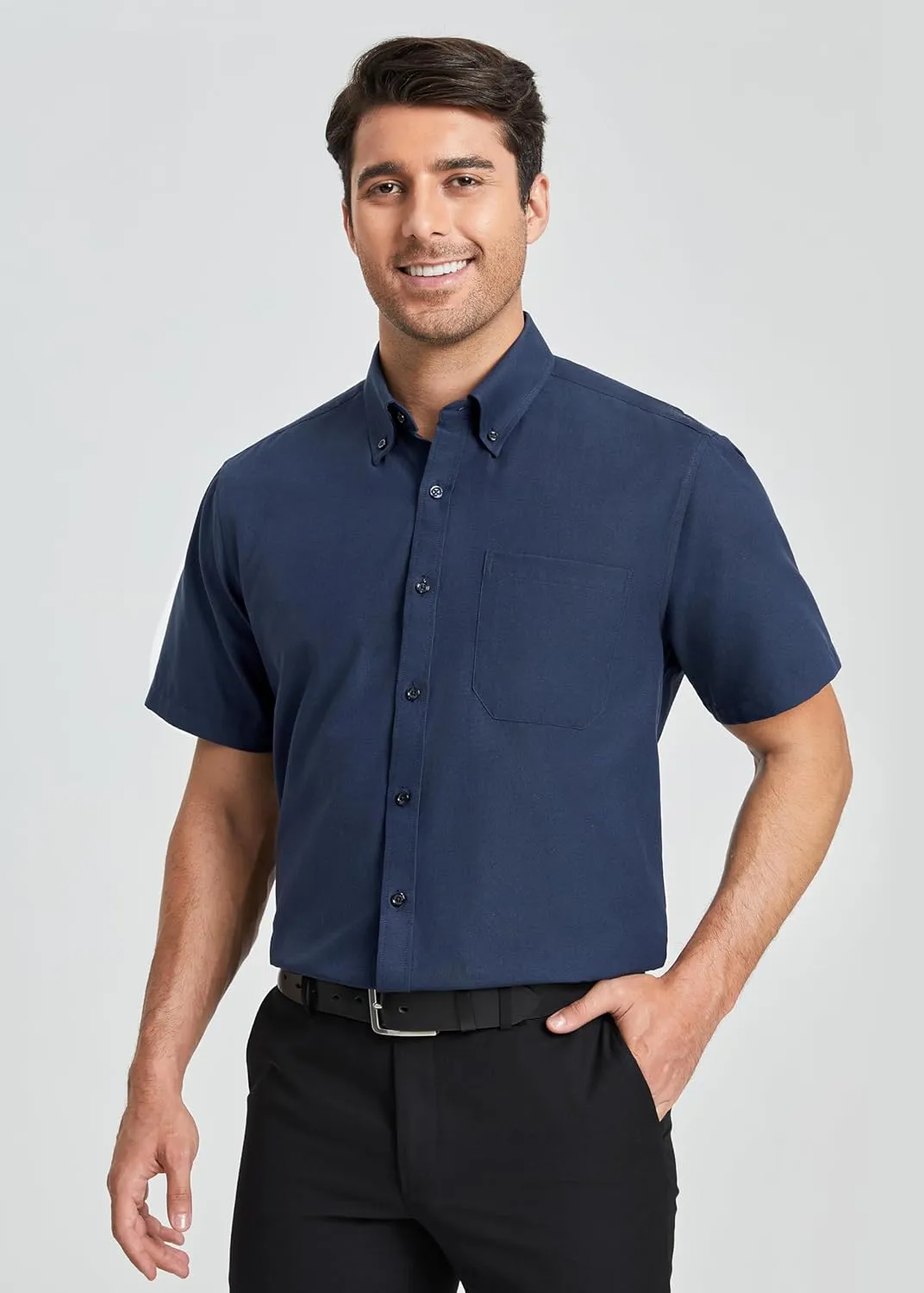 HISDERN Mens Dress Shirts Short Sleeve Button Down Casual Shirt Business Oxford Collar Formal Shirt with Pocket for Men