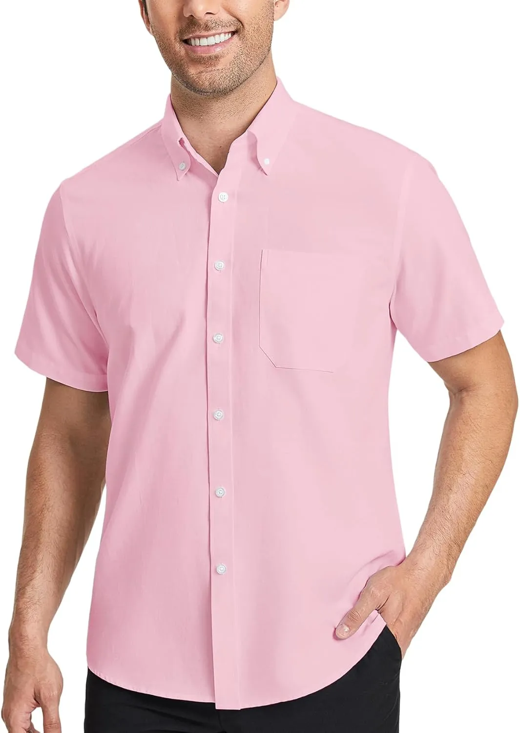 HISDERN Mens Dress Shirts Short Sleeve Button Down Casual Shirt Business Oxford Collar Formal Shirt with Pocket for Men