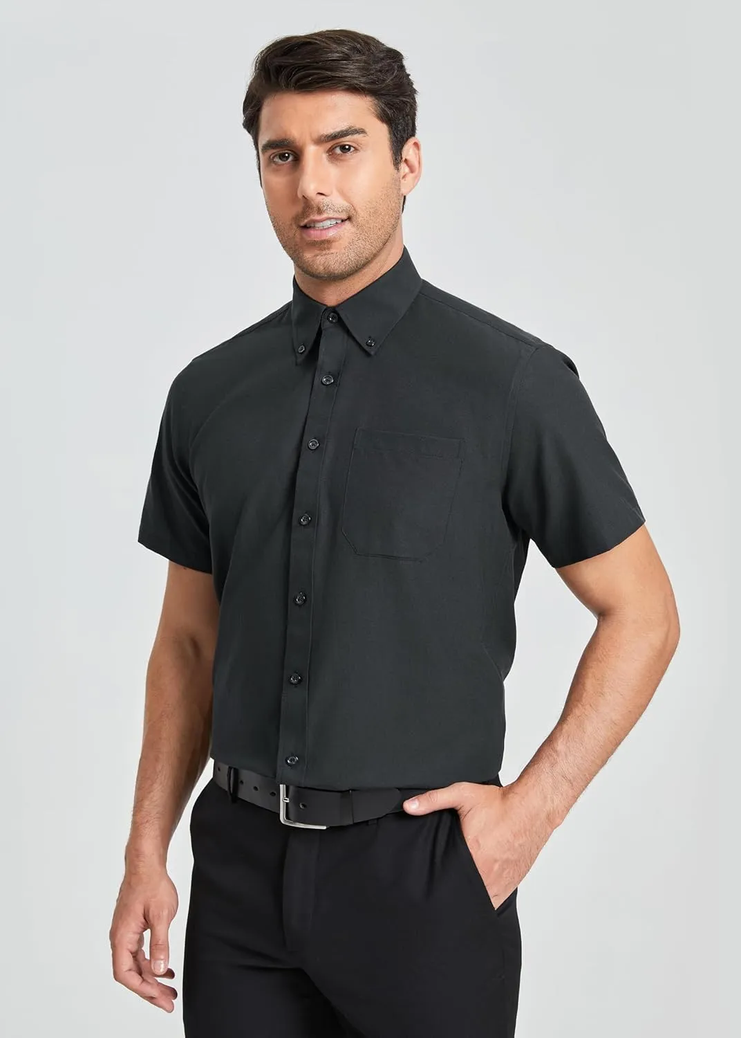 HISDERN Mens Dress Shirts Short Sleeve Button Down Casual Shirt Business Oxford Collar Formal Shirt with Pocket for Men