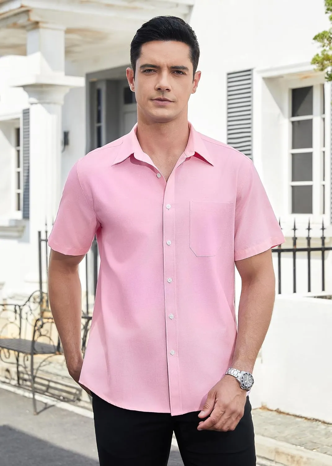 HISDERN Mens Dress Shirts Short Sleeve Button Down Casual Shirt Business Oxford Collar Formal Shirt with Pocket for Men