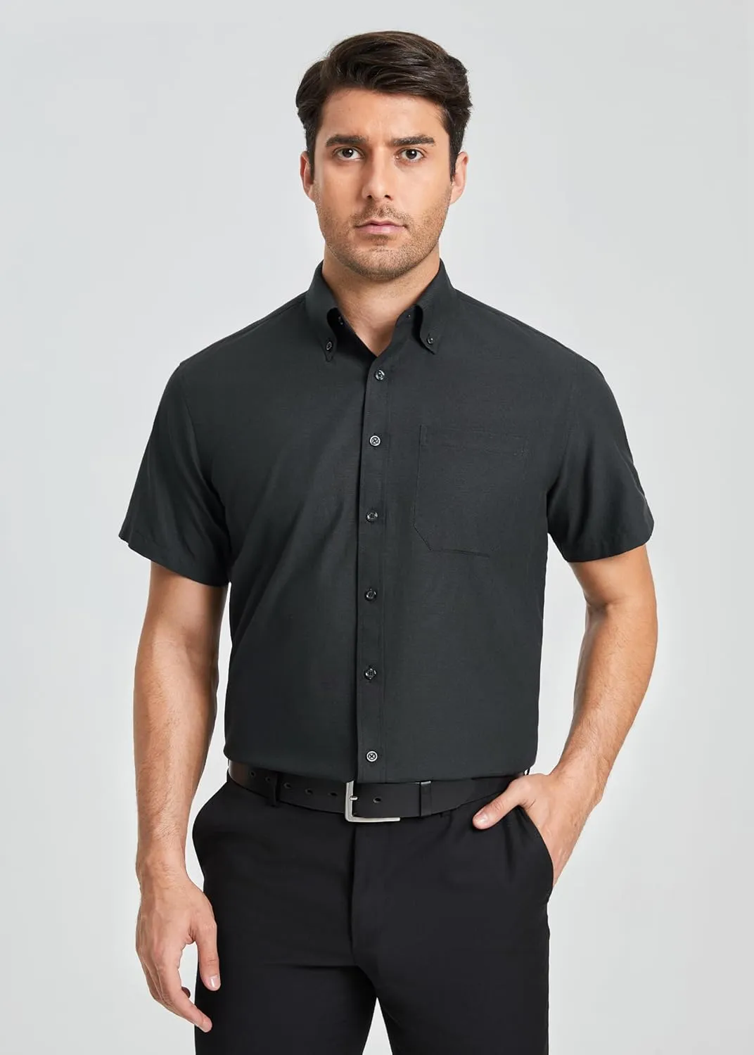HISDERN Mens Dress Shirts Short Sleeve Button Down Casual Shirt Business Oxford Collar Formal Shirt with Pocket for Men