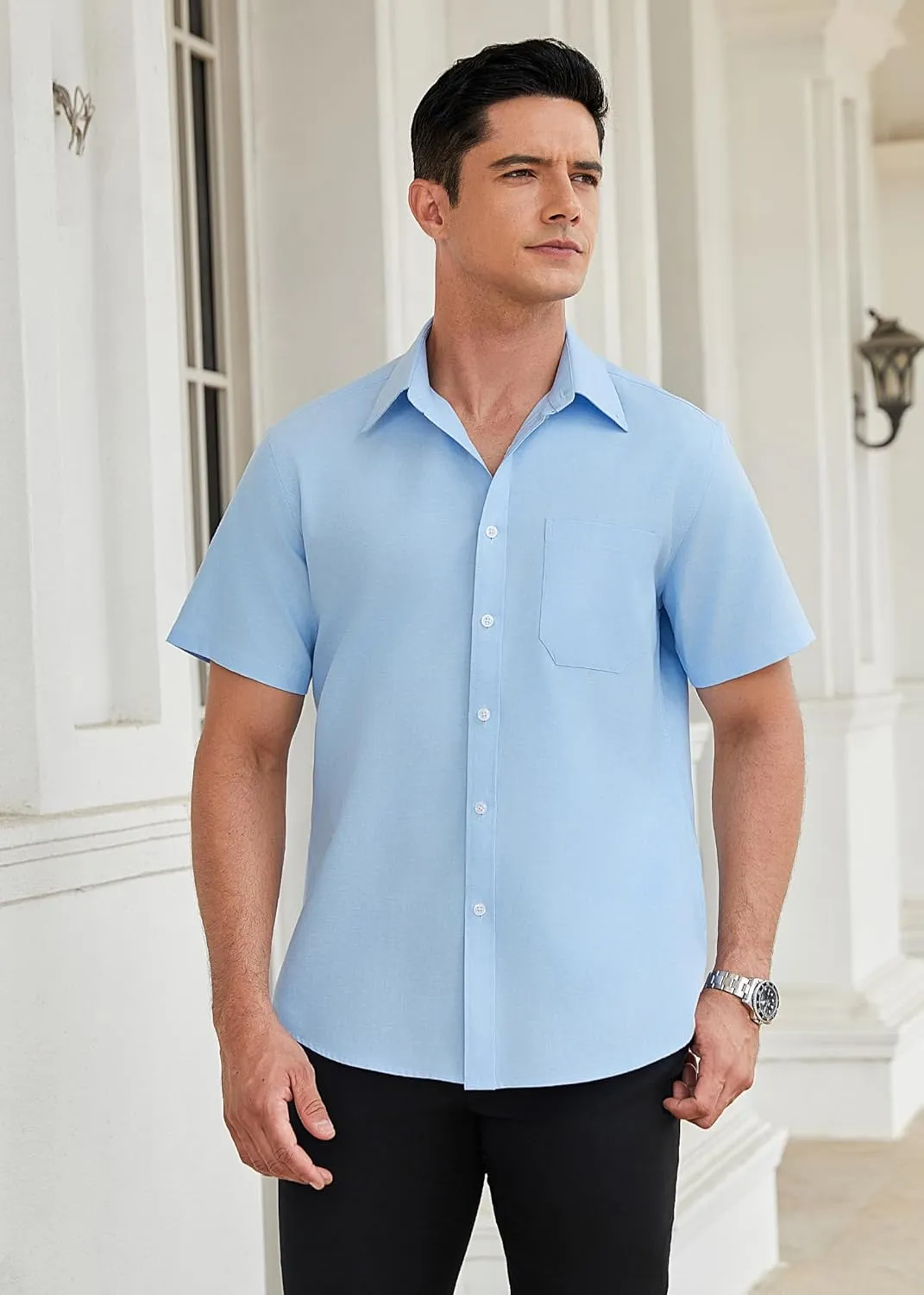 HISDERN Mens Dress Shirts Short Sleeve Button Down Casual Shirt Business Oxford Collar Formal Shirt with Pocket for Men