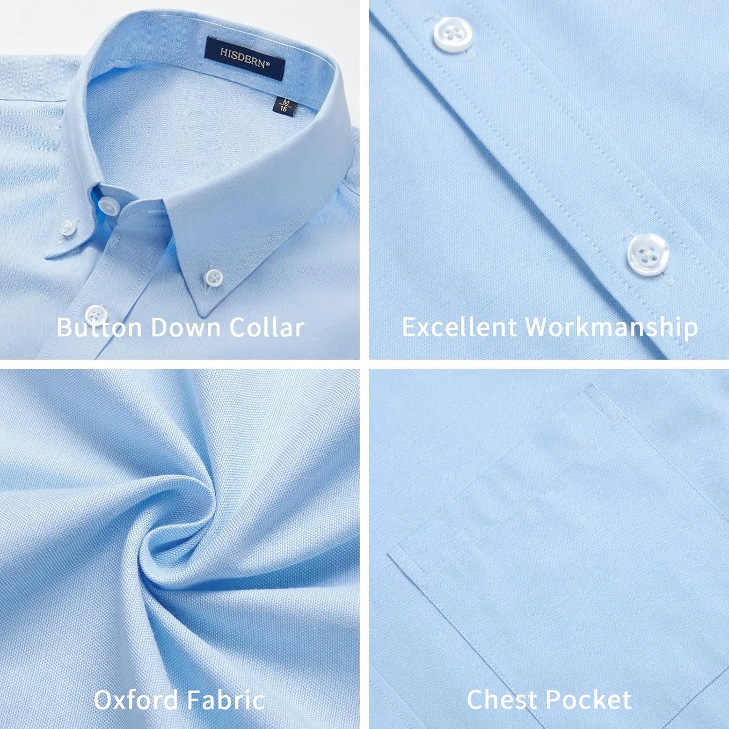 HISDERN Mens Dress Shirts Short Sleeve Button Down Casual Shirt Business Oxford Collar Formal Shirt with Pocket for Men