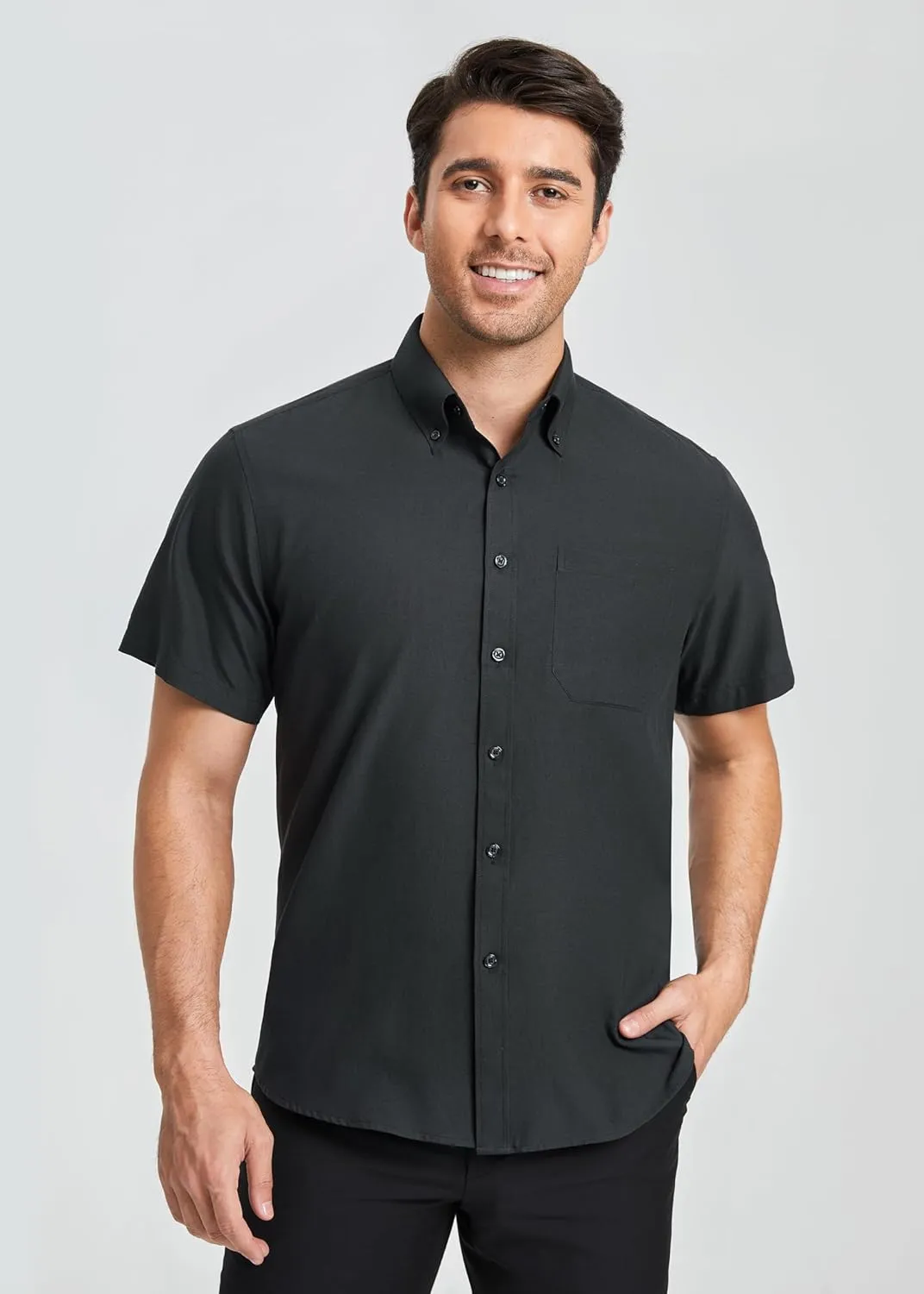 HISDERN Mens Dress Shirts Short Sleeve Button Down Casual Shirt Business Oxford Collar Formal Shirt with Pocket for Men