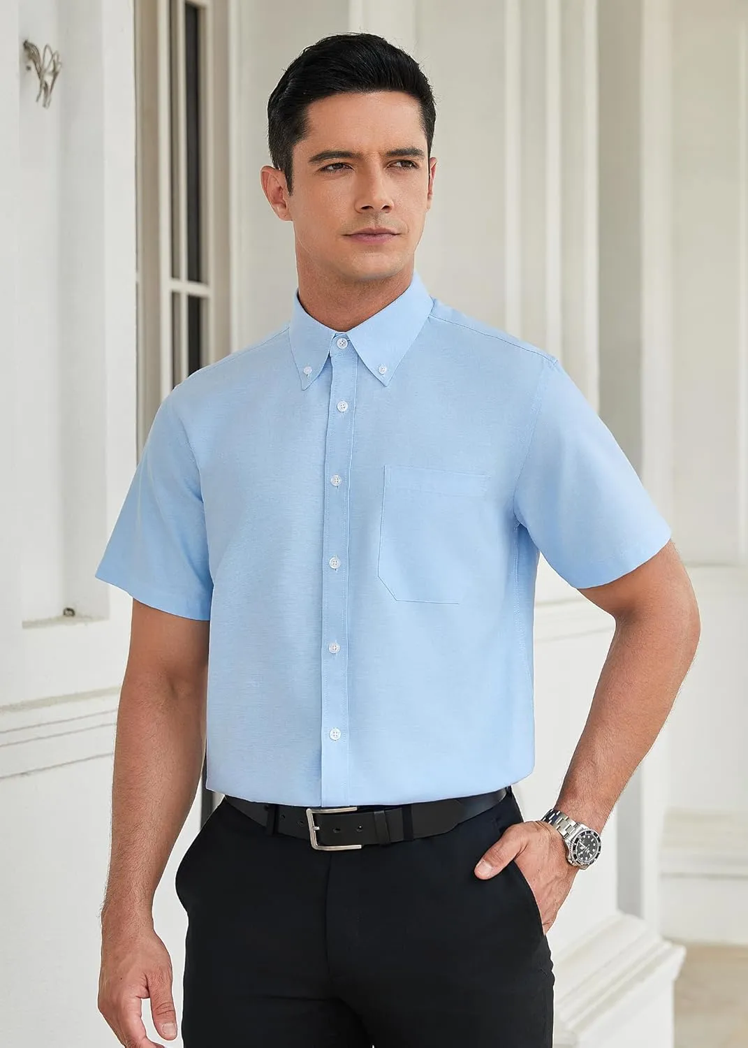 HISDERN Mens Dress Shirts Short Sleeve Button Down Casual Shirt Business Oxford Collar Formal Shirt with Pocket for Men