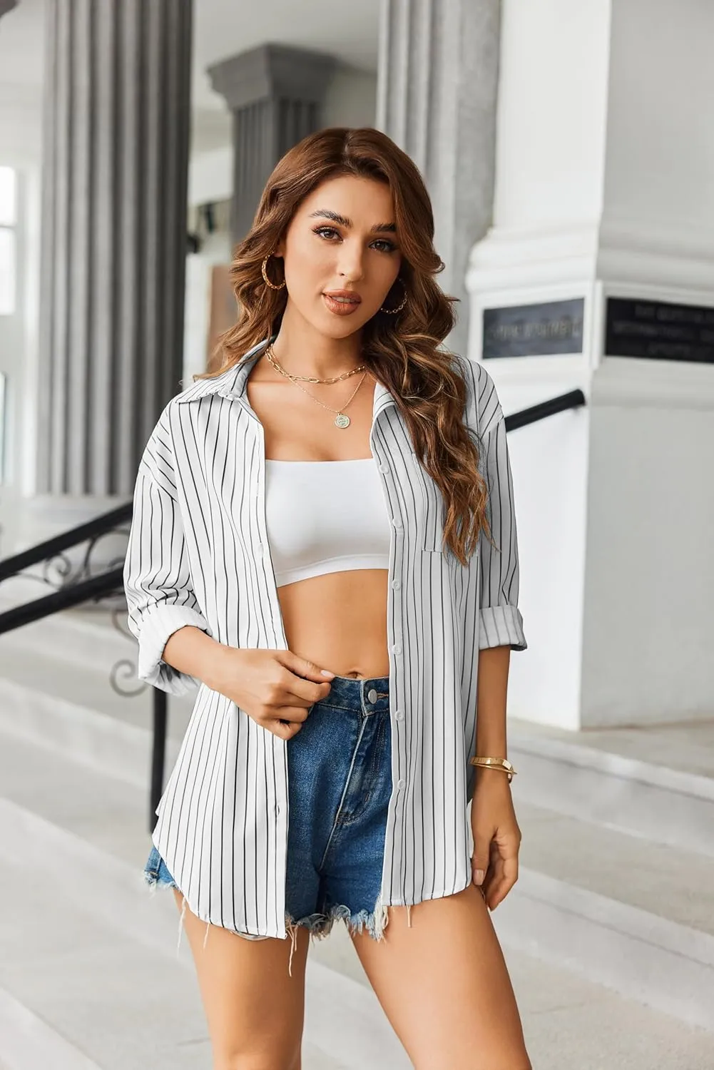 HOTOUCH Women Oversized Button Down Shirts Office Drop Shoulder Blouse Long Sleeve Boyfriend Dress Shirt with Pockets