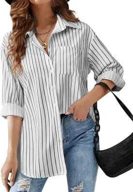 HOTOUCH Women Oversized Button Down Shirts Office Drop Shoulder Blouse Long Sleeve Boyfriend Dress Shirt with Pockets