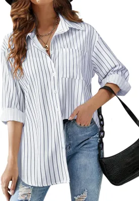 HOTOUCH Women Oversized Button Down Shirts Office Drop Shoulder Blouse Long Sleeve Boyfriend Dress Shirt with Pockets