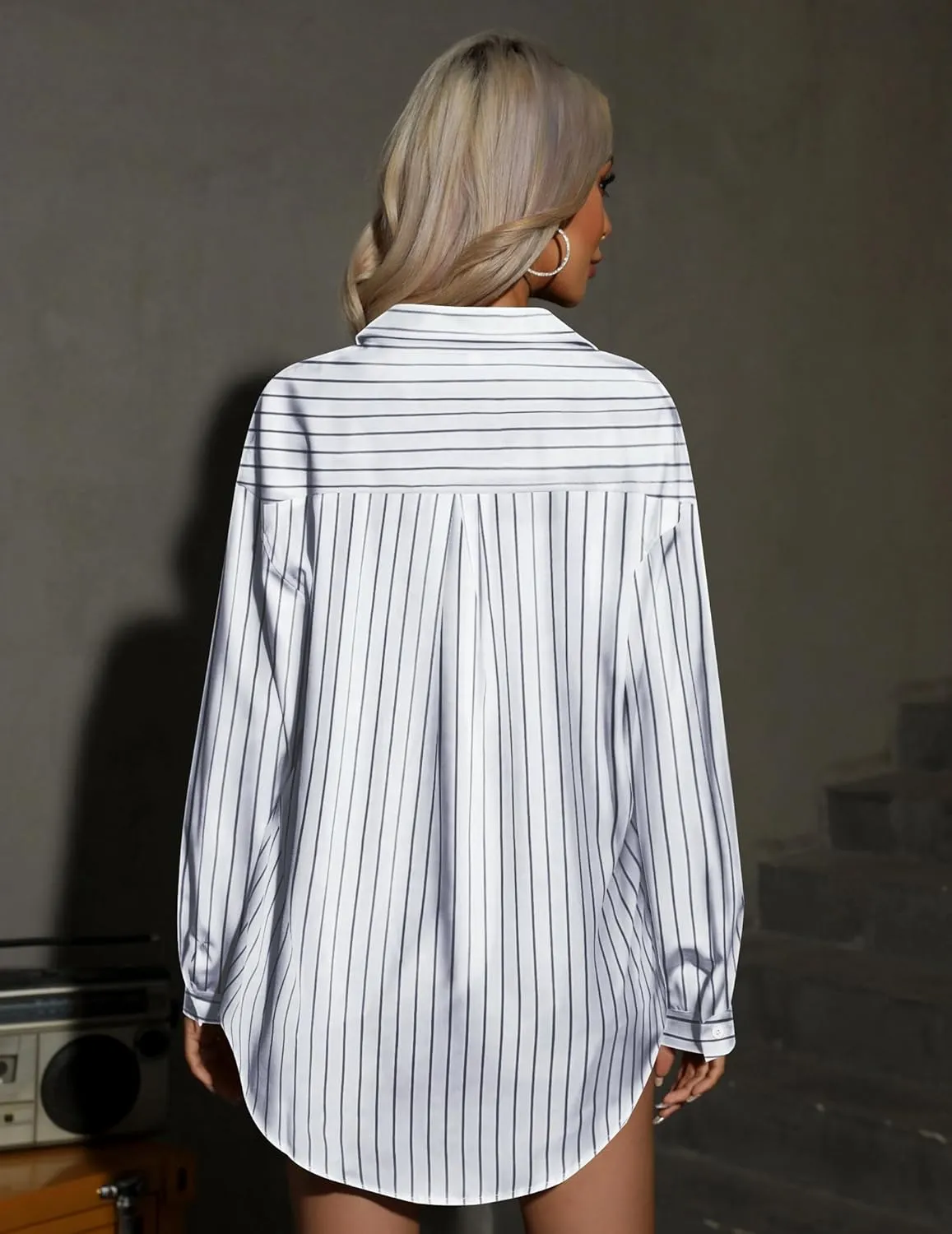 HOTOUCH Women Oversized Button Down Shirts Office Drop Shoulder Blouse Long Sleeve Boyfriend Dress Shirt with Pockets