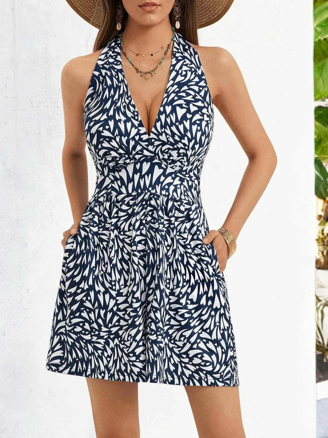 HUHOT Rompers for Women Casual Halter V Neck Backless Summer Sexy Beach Dressy 2025 Short Romper Dresses with Pockets