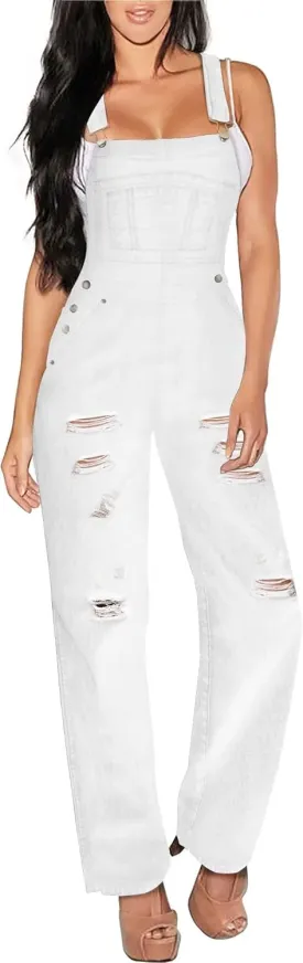 Hybrid & Company Womens Casual Destructed Adjustable Denim Jumpsuit Stretch Overalls Jeans Pants