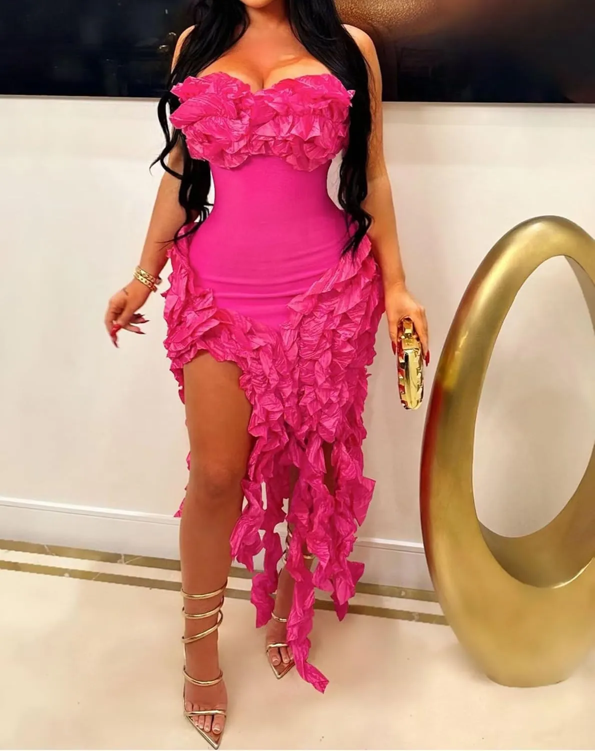 IyMoo Women Sexy Strapless Ruffle Bodycon Dress Solid Color Fringe Slim Party Cocktail Bandage Dresses