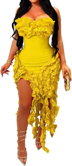 IyMoo Women Sexy Strapless Ruffle Bodycon Dress Solid Color Fringe Slim Party Cocktail Bandage Dresses