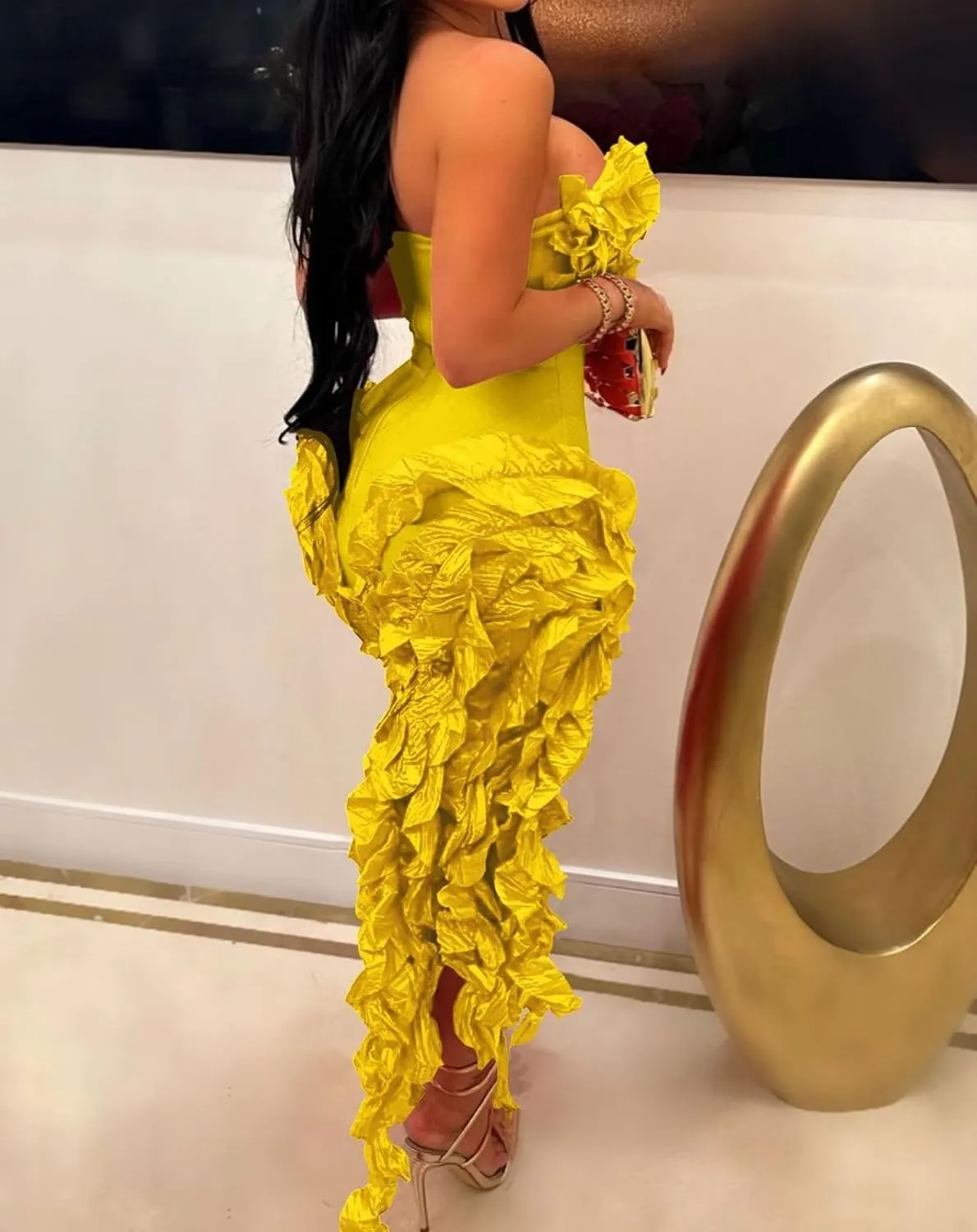 IyMoo Women Sexy Strapless Ruffle Bodycon Dress Solid Color Fringe Slim Party Cocktail Bandage Dresses